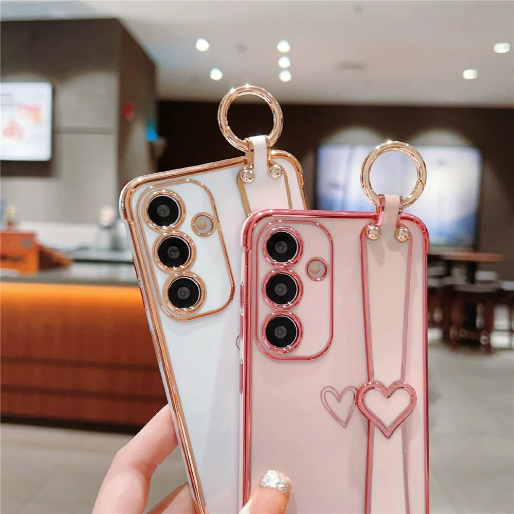 For Samsung Galaxy S25+ Case Electroplated Heart Pattern TPU Phone Back Cover with Wristband Kickstand - Pink - 4