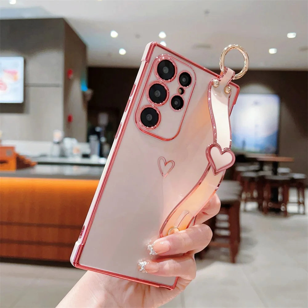 For Samsung Galaxy S25 Ultra Case Electroplated Heart Pattern TPU Phone Back Cover with Wristband Kickstand - Pink - 1