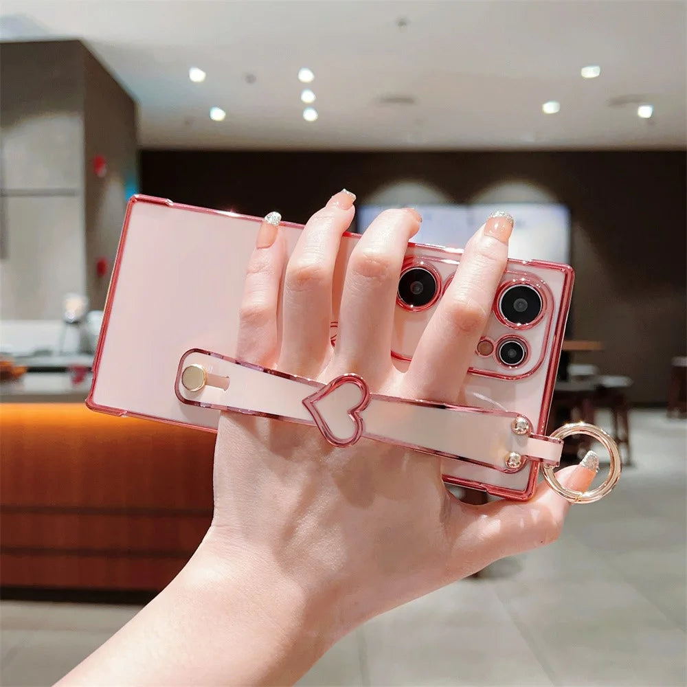 For Samsung Galaxy S25 Ultra Case Electroplated Heart Pattern TPU Phone Back Cover with Wristband Kickstand - Pink - 3