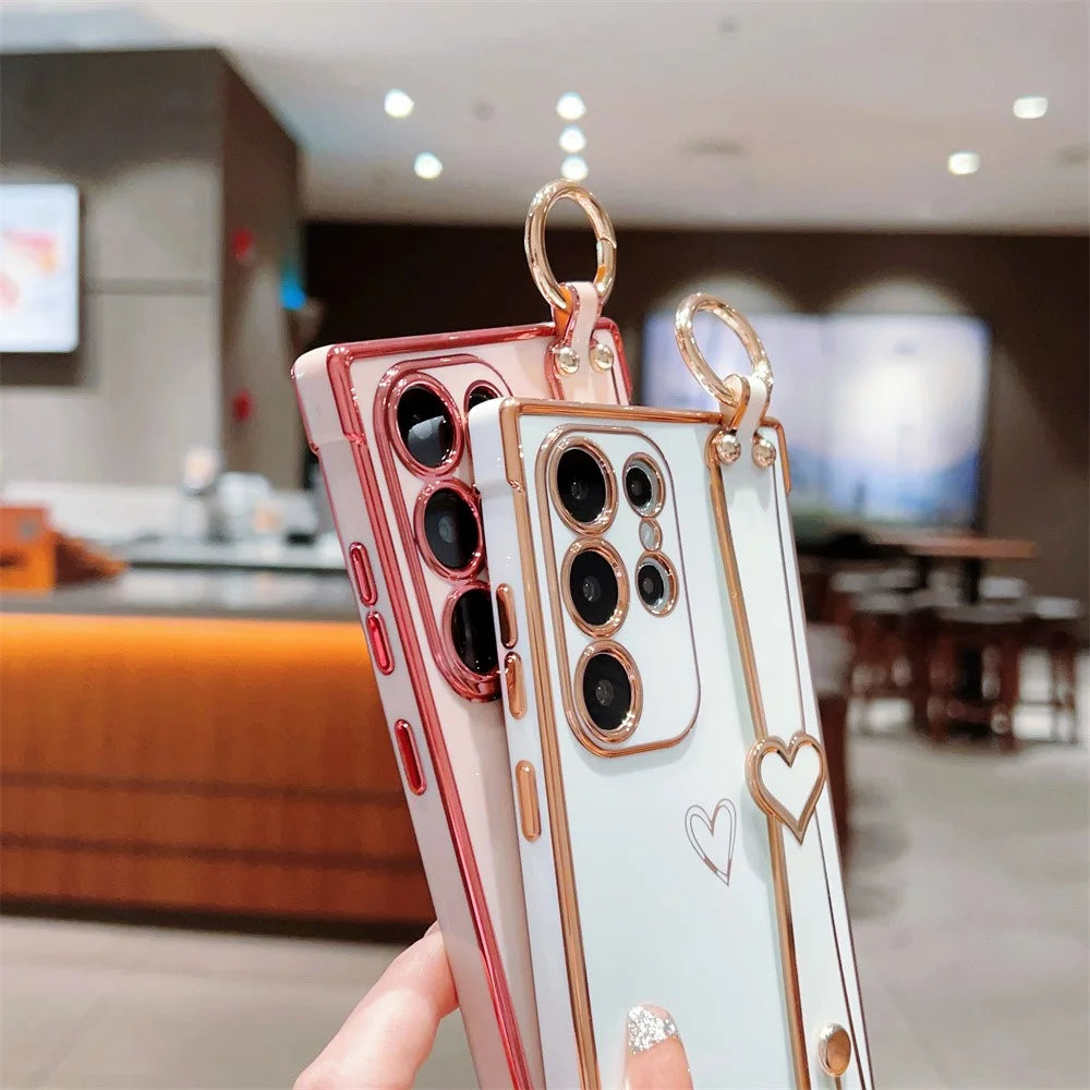 For Samsung Galaxy S25 Ultra Case Electroplated Heart Pattern TPU Phone Back Cover with Wristband Kickstand - Pink - 6