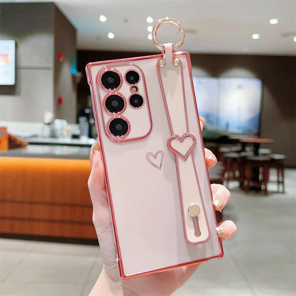 For Samsung Galaxy S24 Ultra Case Electroplated Heart Pattern TPU Phone Back Cover with Wristband Kickstand - Pink - 2