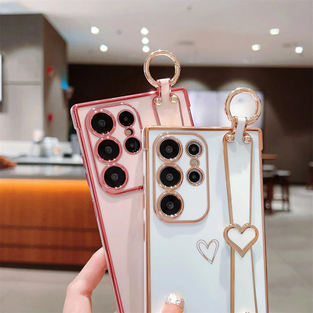 For Samsung Galaxy S24 Ultra Case Electroplated Heart Pattern TPU Phone Back Cover with Wristband Kickstand - Pink - 5