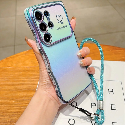 For Samsung Galaxy S24 Ultra Case with Strap TPU Phone Back Cover Dazzling Design Curly Shape Love Heart - Colorful Blue - 1