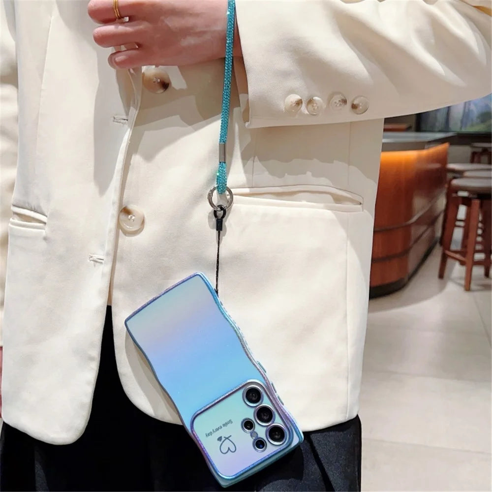 For Samsung Galaxy S24 Ultra Case with Strap TPU Phone Back Cover Dazzling Design Curly Shape Love Heart - Colorful Blue - 3