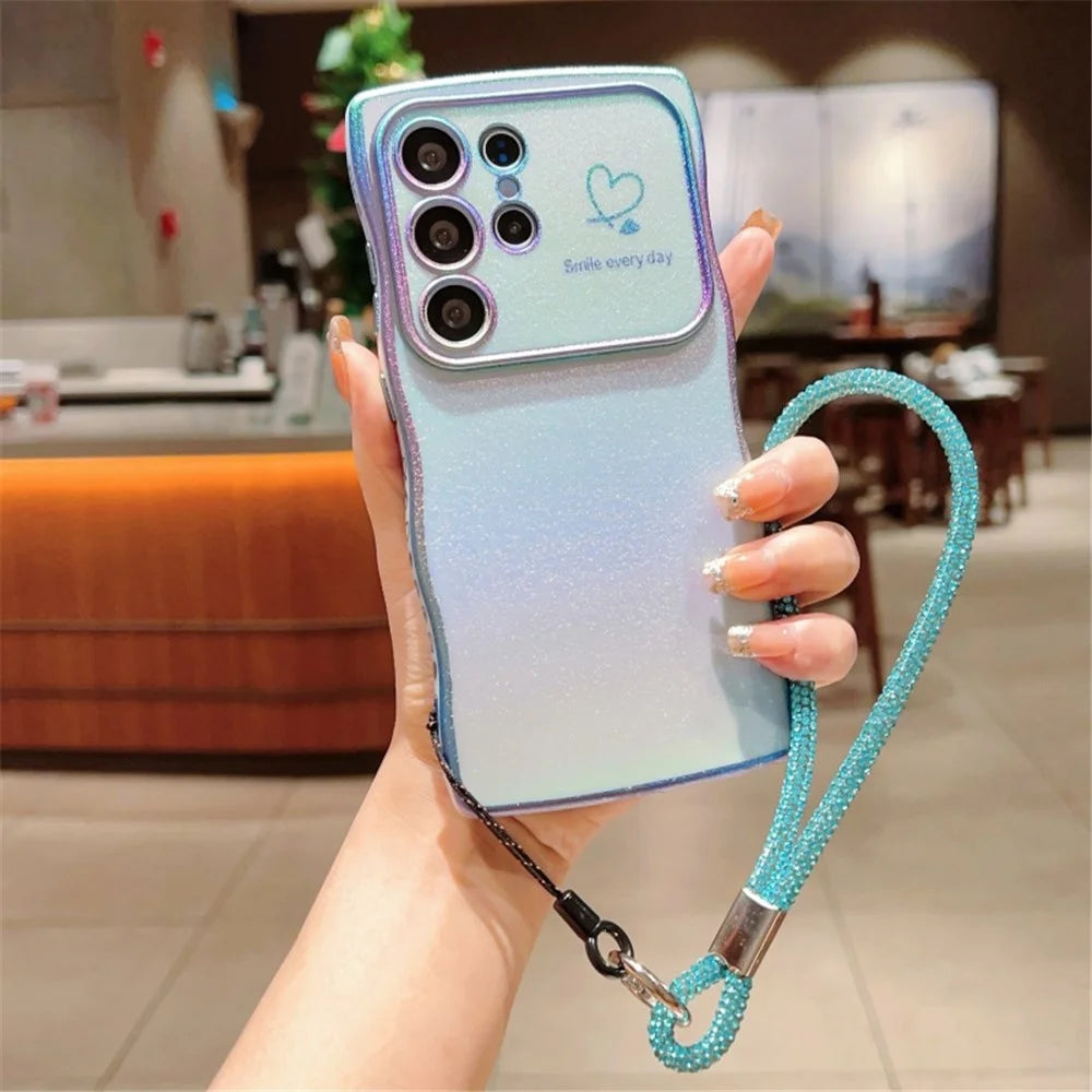 For Samsung Galaxy S25 Ultra Case with Strap TPU Phone Back Cover Dazzling Design Curly Shape Love Heart - Colorful Blue - 2