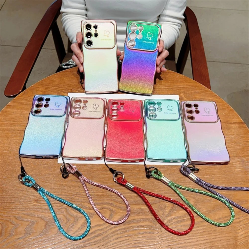For Samsung Galaxy S25 Ultra Case with Strap TPU Phone Back Cover Dazzling Design Curly Shape Love Heart - Colorful Blue - 7