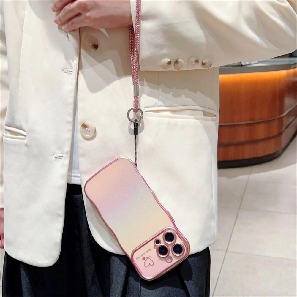 For iPhone 16 Pro Max Case with Strap TPU Phone Back Cover Dazzling Design Curly Shape Love Heart - Colorful Pink - 3