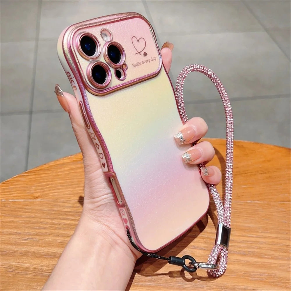 For iPhone 16 Pro Case with Strap TPU Phone Back Cover Dazzling Design Curly Shape Love Heart - Colorful Pink - 1