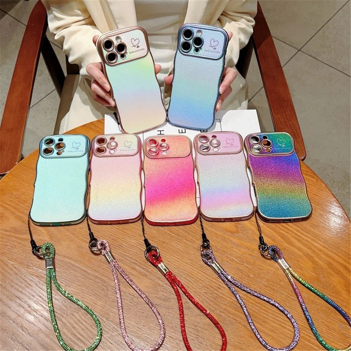 For iPhone 16 Pro Case with Strap TPU Phone Back Cover Dazzling Design Curly Shape Love Heart - Colorful Pink - 7