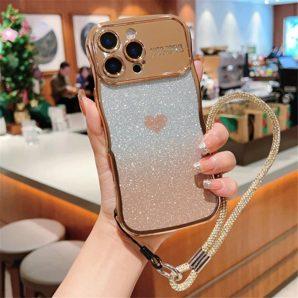 For iPhone 16 Pro Max Case with Strap Electroplating TPU Phone Cover Love Heart Gradient Glitter - Gold - 1