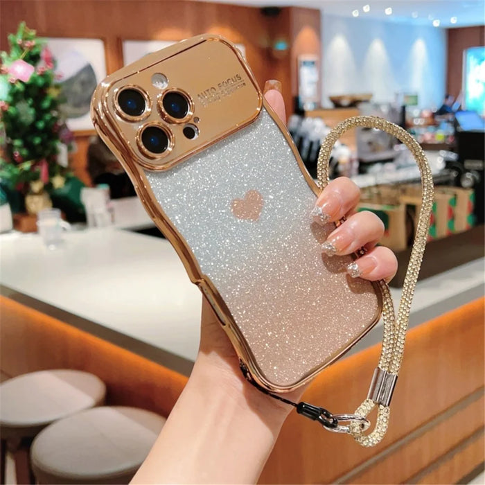 For iPhone 16 Pro Max Case with Strap Electroplating TPU Phone Cover Love Heart Gradient Glitter - Gold - 2