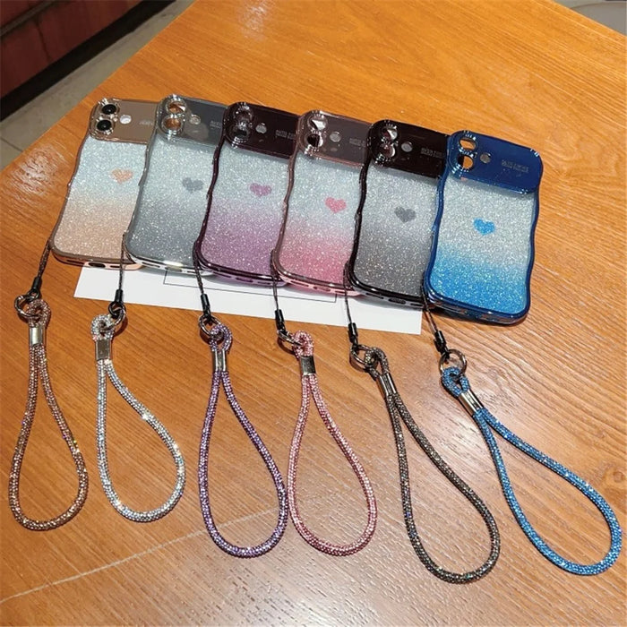 For iPhone 16 Case with Strap Electroplating TPU Phone Cover Love Heart Gradient Glitter - Blue - 3
