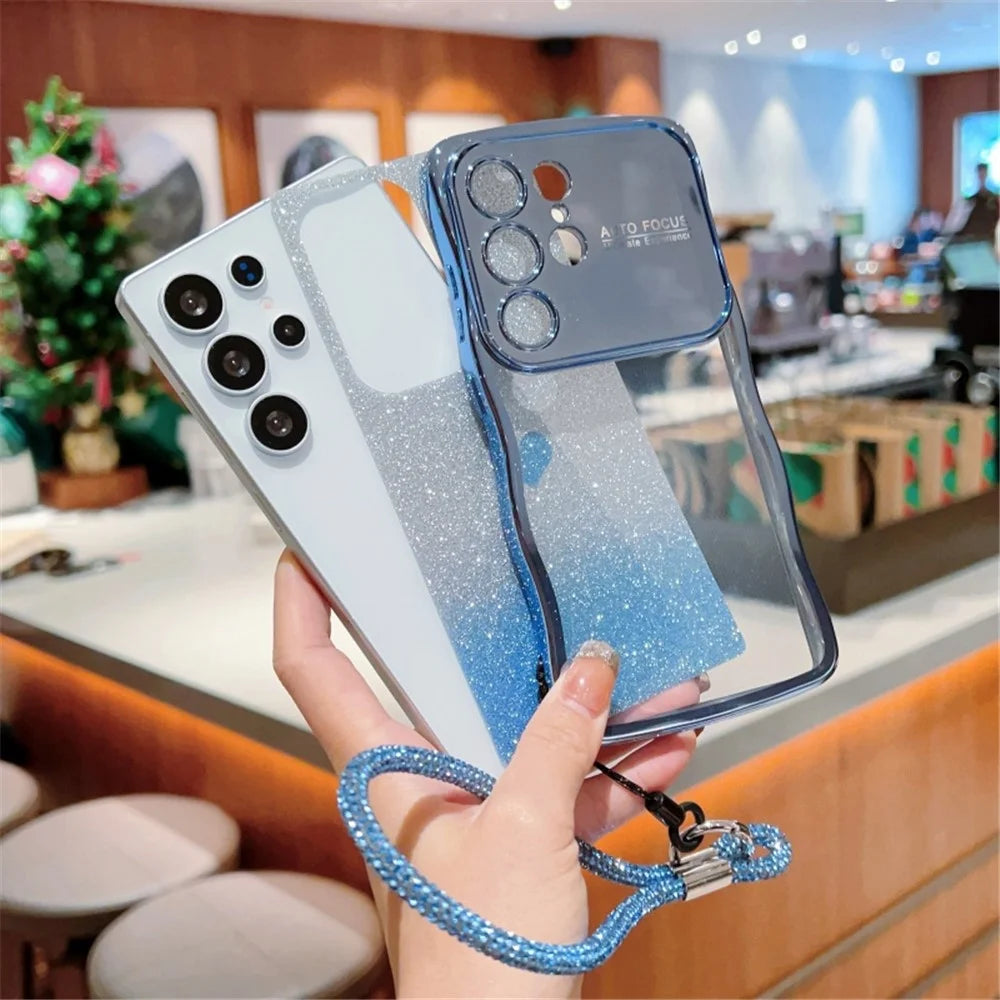 For Samsung Galaxy S25 Ultra Case with Strap Electroplating TPU Phone Cover Love Heart Gradient Glitter - Blue - 3