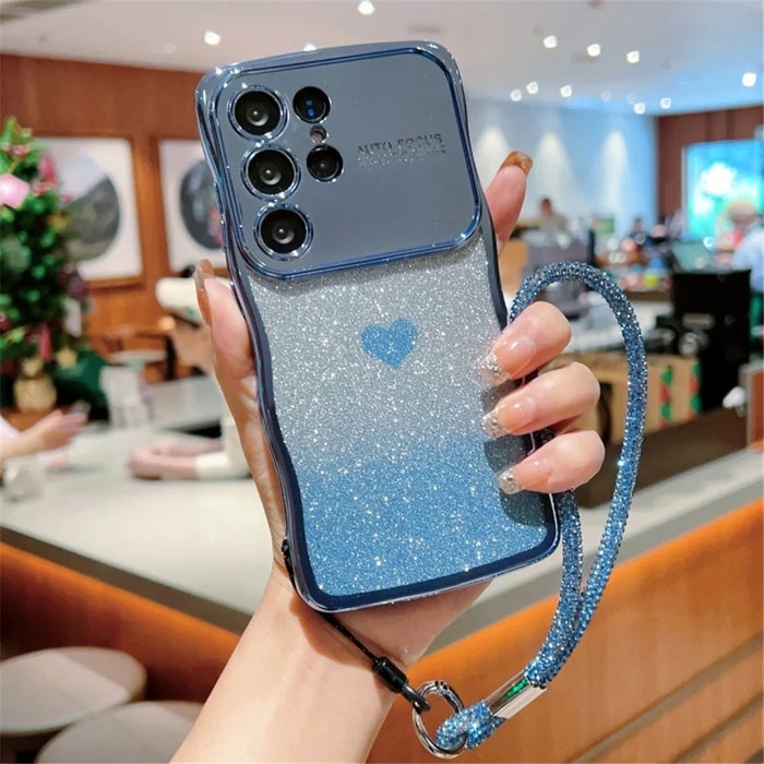 For Samsung Galaxy S24 Ultra Case with Strap Electroplating TPU Phone Cover Love Heart Gradient Glitter - Blue - 1