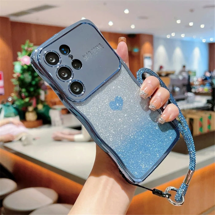 For Samsung Galaxy S24 Ultra Case with Strap Electroplating TPU Phone Cover Love Heart Gradient Glitter - Blue - 2