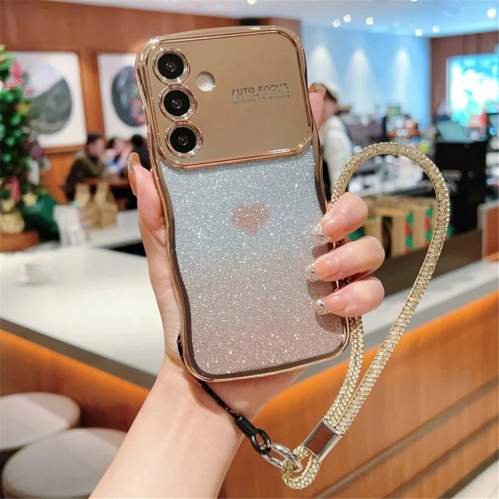 For Samsung Galaxy S25 Case with Strap Electroplating TPU Phone Cover Love Heart Gradient Glitter - Gold - 1