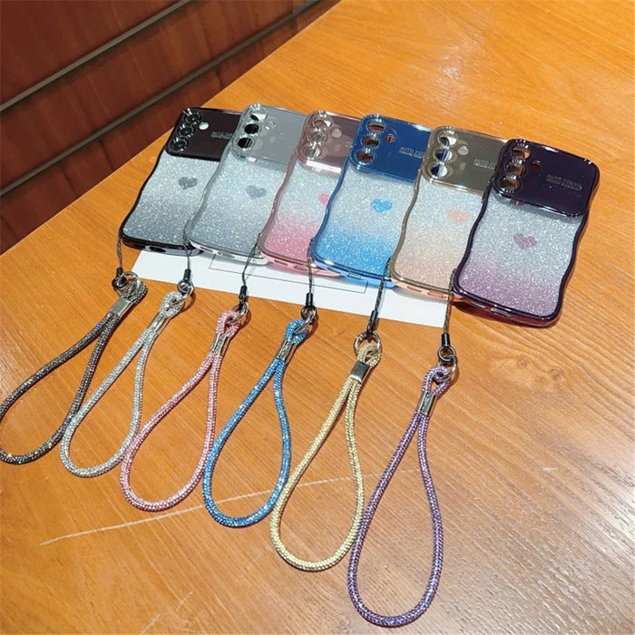 For Samsung Galaxy S25 Case with Strap Electroplating TPU Phone Cover Love Heart Gradient Glitter - Gold - 2