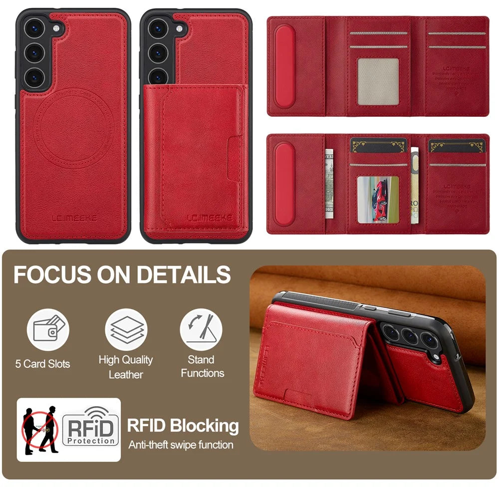 LC.IMEEKE L5 For Samsung	Galaxy S23+ Magnetic Phone Case Leather Back Cover with Detachable Card Holder - Red - 3
