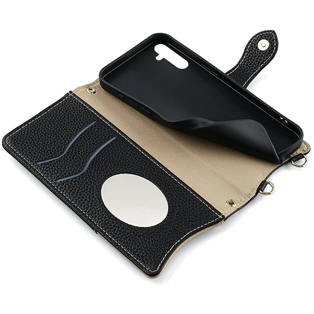 For Samsung Galaxy A36 5G Leather Case Wallet Stand Cover Irregular Tail Style with Chain Strap - Black - 6