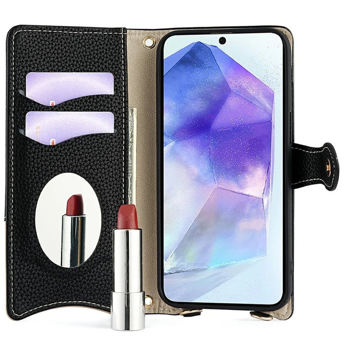 For Samsung Galaxy A26 5G Leather Case Wallet Stand Cover Irregular Tail Style with Chain Strap - Black - 2