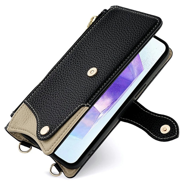 For Samsung Galaxy A26 5G Leather Case Wallet Stand Cover Irregular Tail Style with Chain Strap - Black - 5