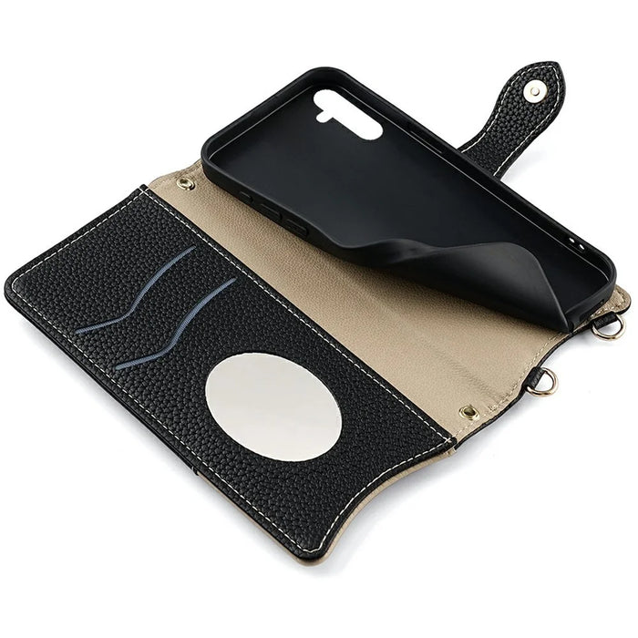 For Samsung Galaxy A26 5G Leather Case Wallet Stand Cover Irregular Tail Style with Chain Strap - Black - 6