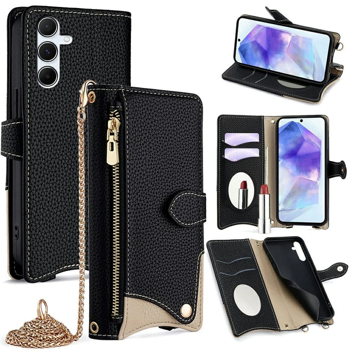 For Samsung Galaxy A26 5G Leather Case Wallet Stand Cover Irregular Tail Style with Chain Strap - Black - 7