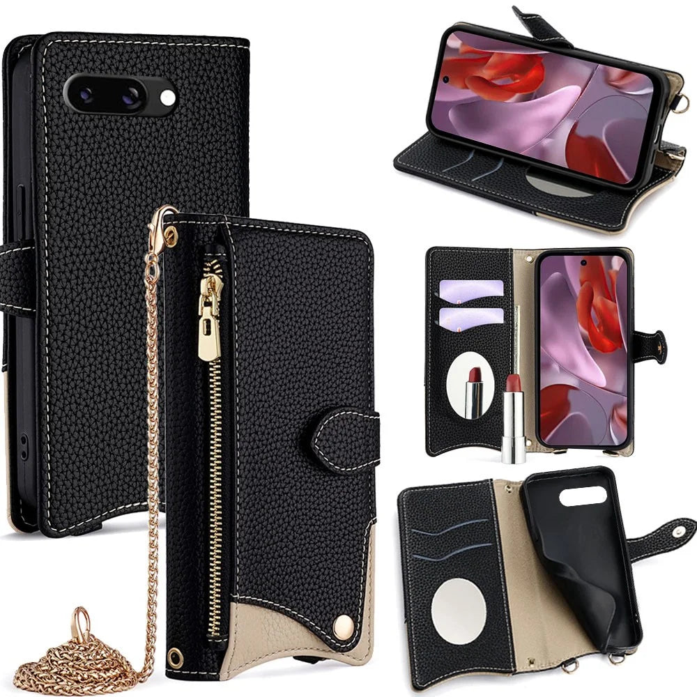 For Google Pixel 9a Leather Case Wallet Stand Cover Irregular Tail Style with Chain Strap - Black - 1
