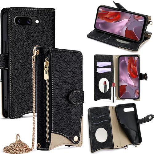 For Google Pixel 9a Leather Case Wallet Stand Cover Irregular Tail Style with Chain Strap - Black - 1