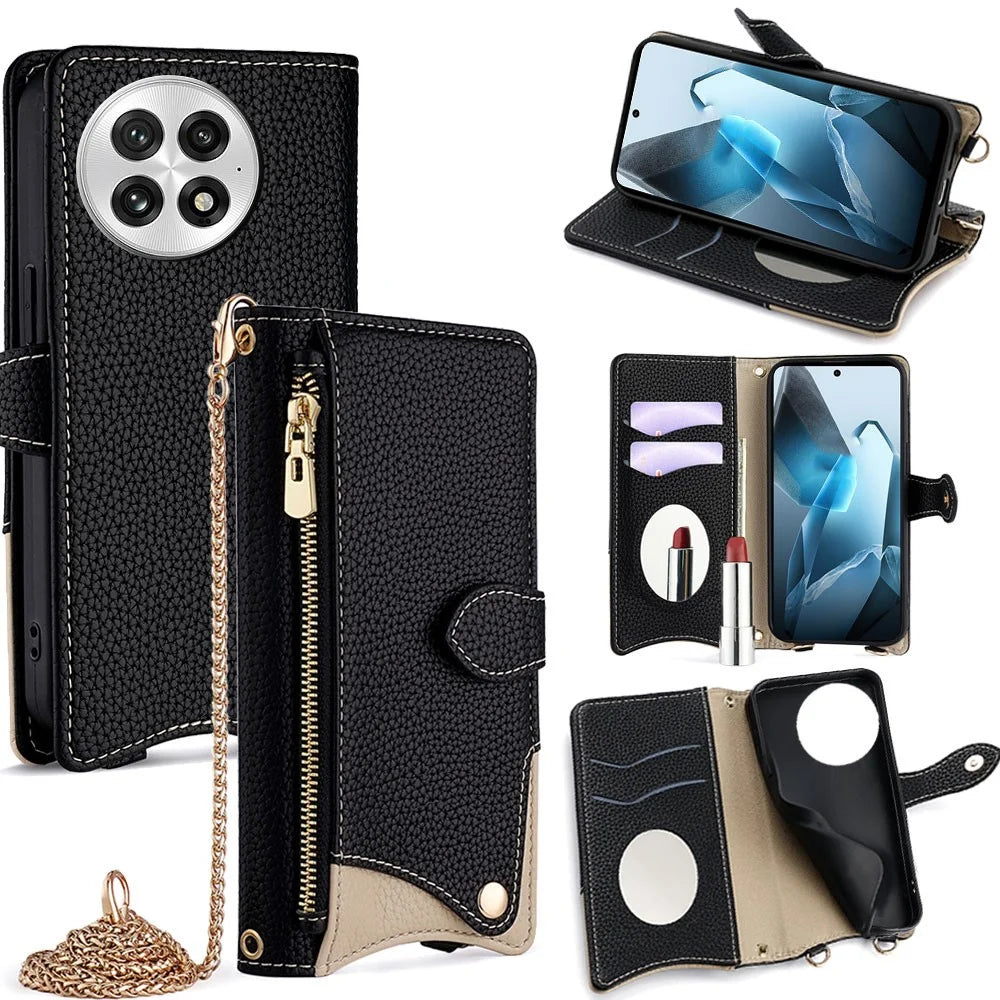 For OnePlus 13 Leather Case Wallet Stand Cover Irregular Tail Style with Chain Strap - Black - 1