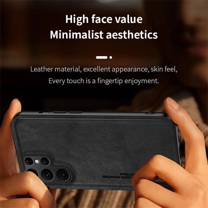 For Samsung Galaxy S25 Ultra Case Retro Texture Matte TPU + PU Leather Back Cover Support Magnetic Car Holder - Black - 6