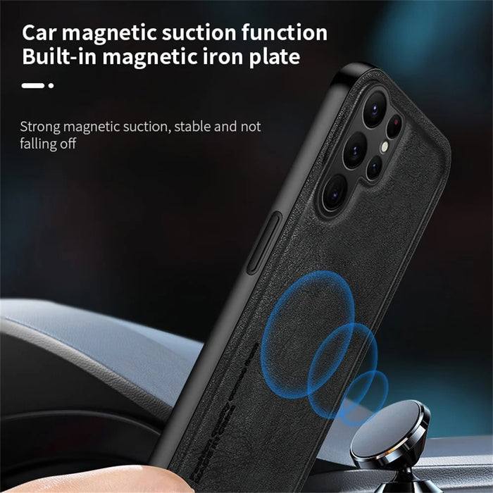 For Samsung Galaxy S25 Ultra Case Retro Texture Matte TPU + PU Leather Back Cover Support Magnetic Car Holder - Black - 7