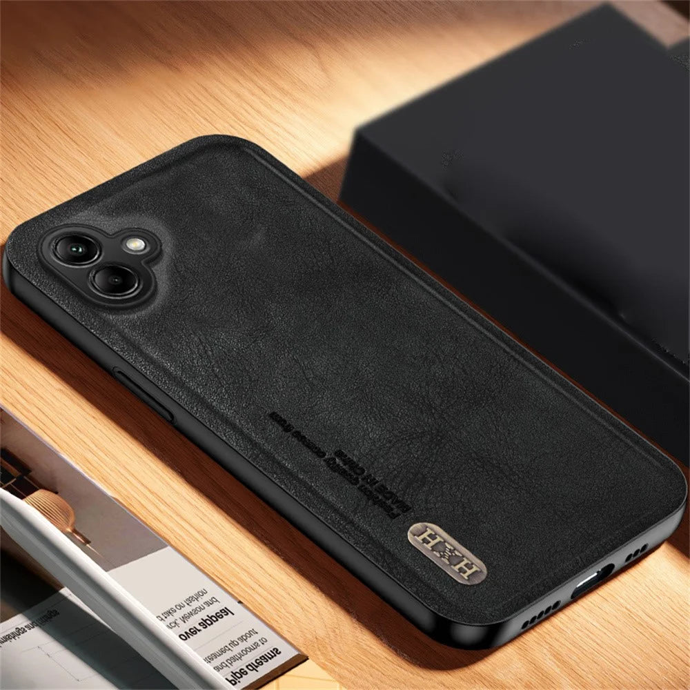 For Samsung Galaxy A06 4G Case Retro Texture Matte TPU + PU Leather Back Cover Support Magnetic Car Holder - Black - 7