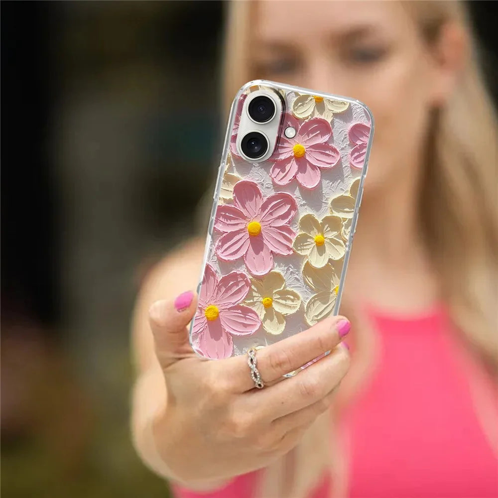 For iPhone 16 Plus Phone Case IMD Pattern Print PC TPU Mobile Cover - Pink White Flower - 5