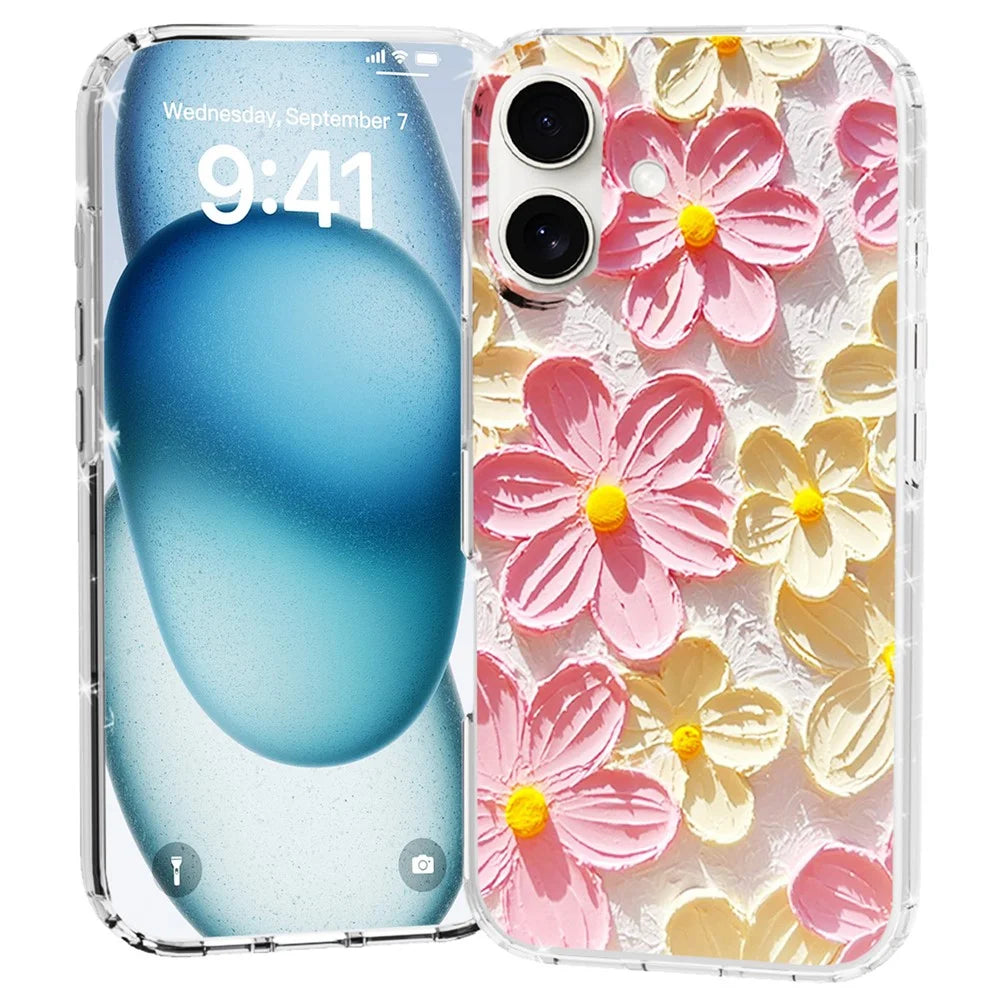 For iPhone 16 Phone Case IMD Pattern Print PC TPU Mobile Cover - Pink White Flower - 1