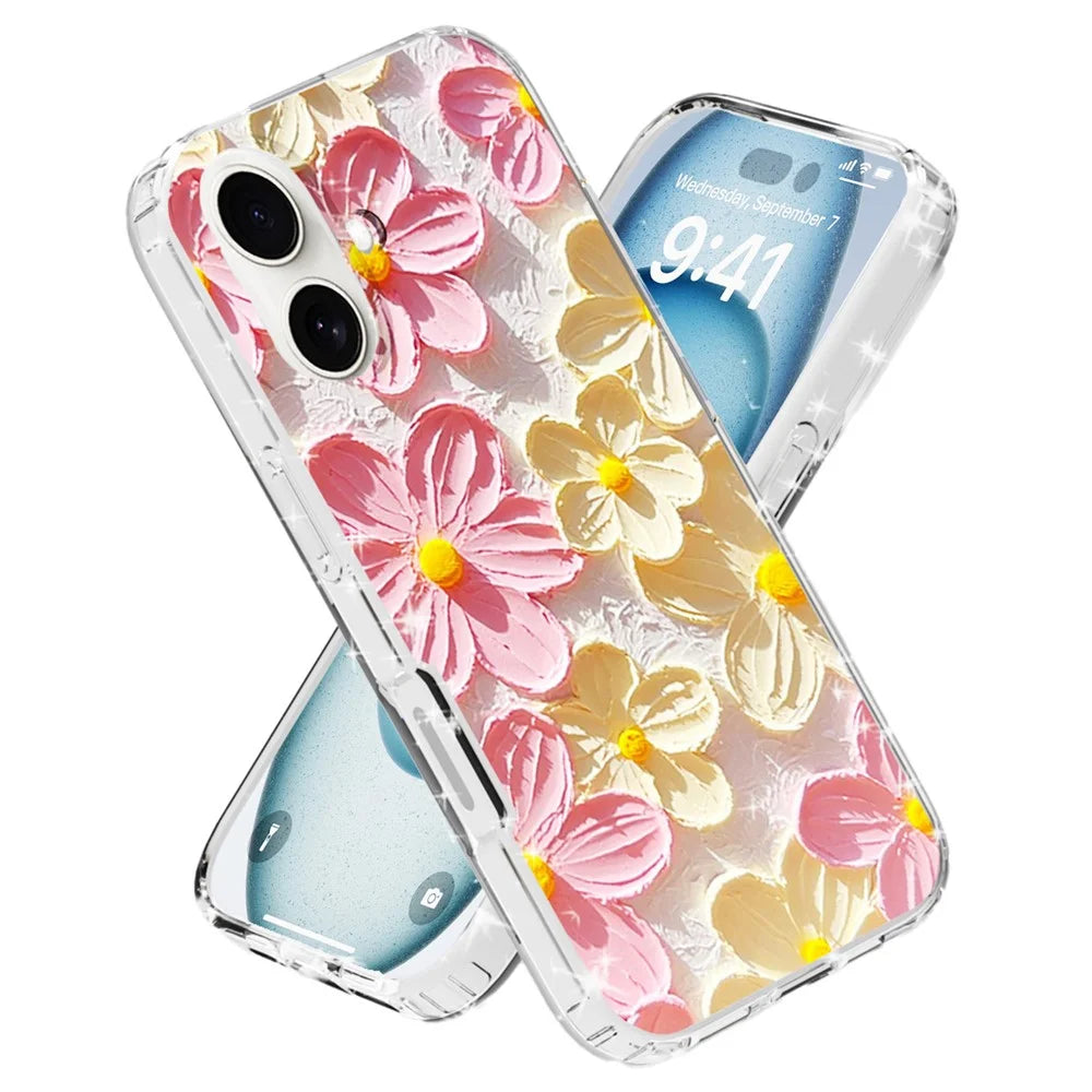 For iPhone 16 Phone Case IMD Pattern Print PC TPU Mobile Cover - Pink White Flower - 2