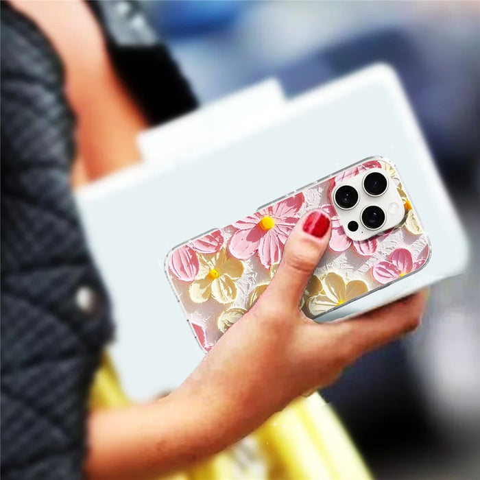 For iPhone 16 Pro Max Phone Case IMD Pattern Print PC TPU Mobile Cover - Pink White Flower - 6
