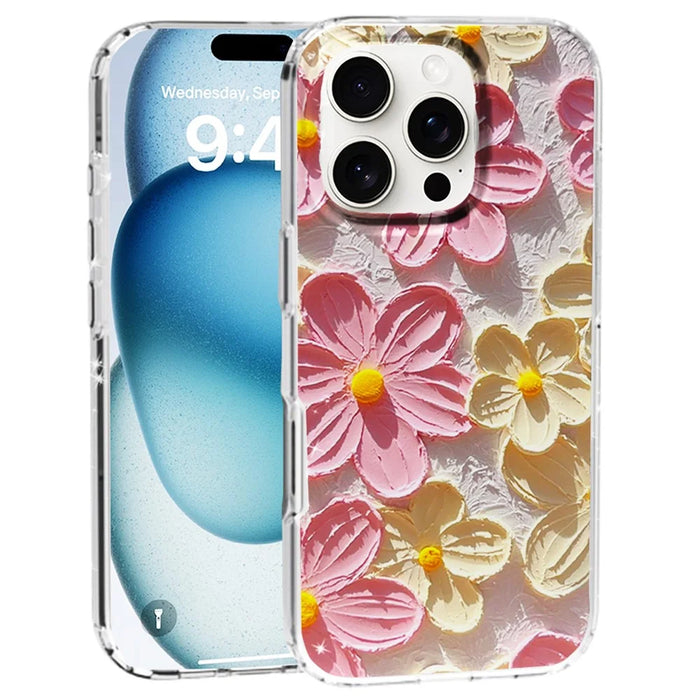 For iPhone 16 Pro Phone Case IMD Pattern Print PC TPU Mobile Cover - Pink White Flower - 1