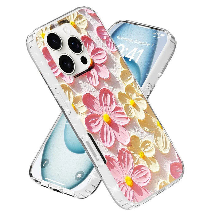 For iPhone 16 Pro Phone Case IMD Pattern Print PC TPU Mobile Cover - Pink White Flower - 2