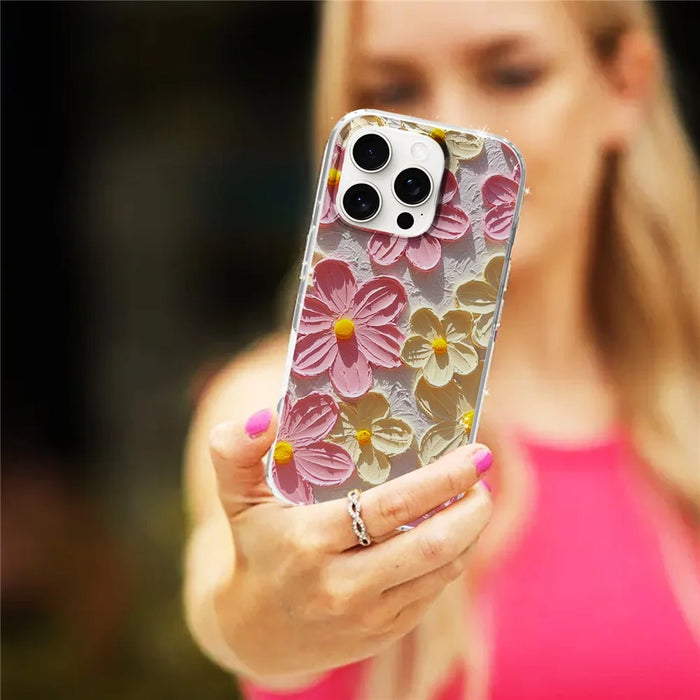For iPhone 16 Pro Phone Case IMD Pattern Print PC TPU Mobile Cover - Pink White Flower - 5