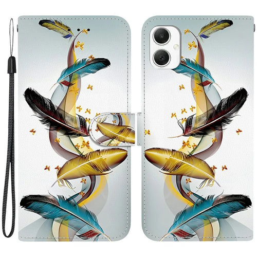 For Samsung Galaxy A06 4G Case Pattern Printing Anti-Drop Leather Flip Wallet Phone Cover with Lanyard - Golden Butterfly Feather - 1