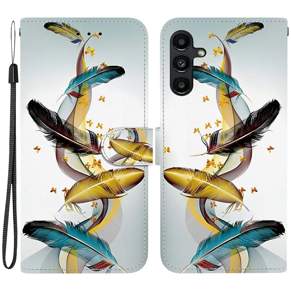 For Samsung Galaxy A15 5G  /  4G Case Pattern Printing Anti-Drop Leather Flip Wallet Phone Cover with Lanyard - Golden Butterfly Feather - 1