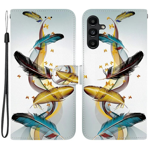 For Samsung Galaxy A15 5G  /  4G Case Pattern Printing Anti-Drop Leather Flip Wallet Phone Cover with Lanyard - Golden Butterfly Feather - 1