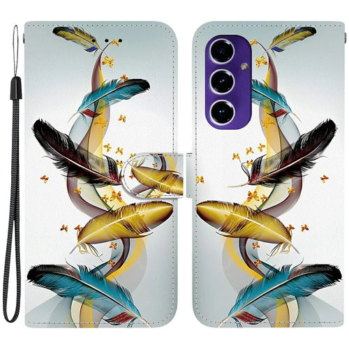 For Samsung Galaxy A16 5G  /  4G Case Pattern Printing Anti-Drop Leather Flip Wallet Phone Cover with Lanyard - Golden Butterfly Feather - 1