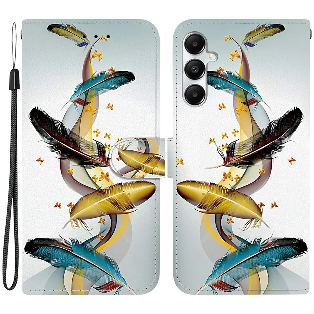 For Samsung Galaxy A35 5G Case Pattern Printing Anti-Drop Leather Flip Wallet Phone Cover with Lanyard - Golden Butterfly Feather - 1