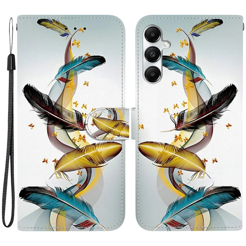 For Samsung Galaxy A35 5G Case Pattern Printing Anti-Drop Leather Flip Wallet Phone Cover with Lanyard - Golden Butterfly Feather - 1