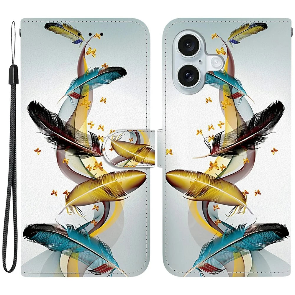 For iPhone 16 Case Pattern Printing Anti-Drop Leather Flip Wallet Phone Cover with Lanyard - Golden Butterfly Feather - 1