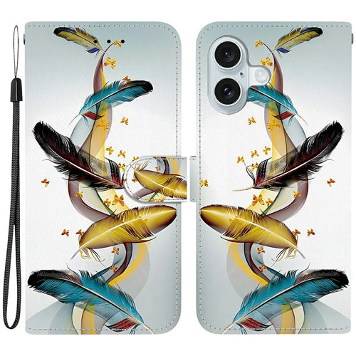 For iPhone 16 Case Pattern Printing Anti-Drop Leather Flip Wallet Phone Cover with Lanyard - Golden Butterfly Feather - 1