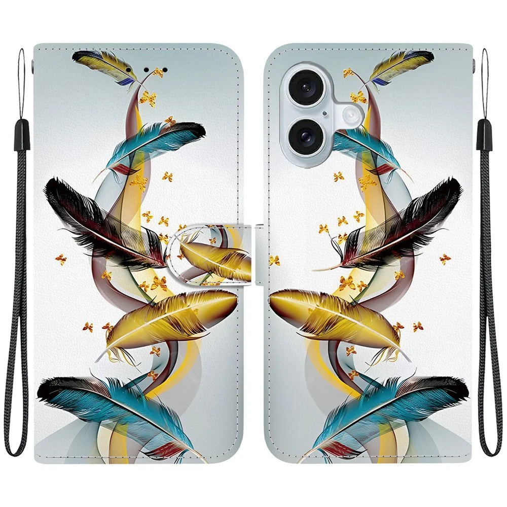 For iPhone 16 Plus Case Pattern Printing Anti-Drop Leather Flip Wallet Phone Cover with Lanyard - Golden Butterfly Feather - 1