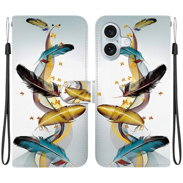 For iPhone 16 Plus Case Pattern Printing Anti-Drop Leather Flip Wallet Phone Cover with Lanyard - Golden Butterfly Feather - 1